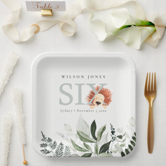 Cute Boho Lion Foliage Sixth 6th Birthday Party Paper Plate (Wedding)