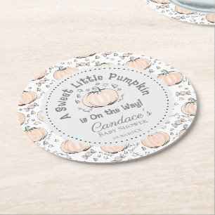 Cute Boho Little Pumpkin Fall Baby Shower Round Paper Coaster