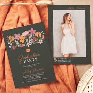 Cute boho meadow orange wildflower graduation invitation