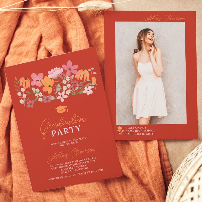 Cute boho meadow orange wildflower graduation invitation (Creator Uploaded)