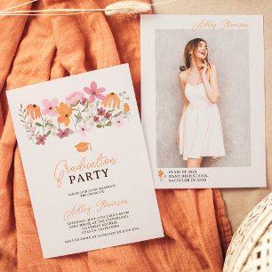 Cute boho meadow orange wildflower graduation invitation