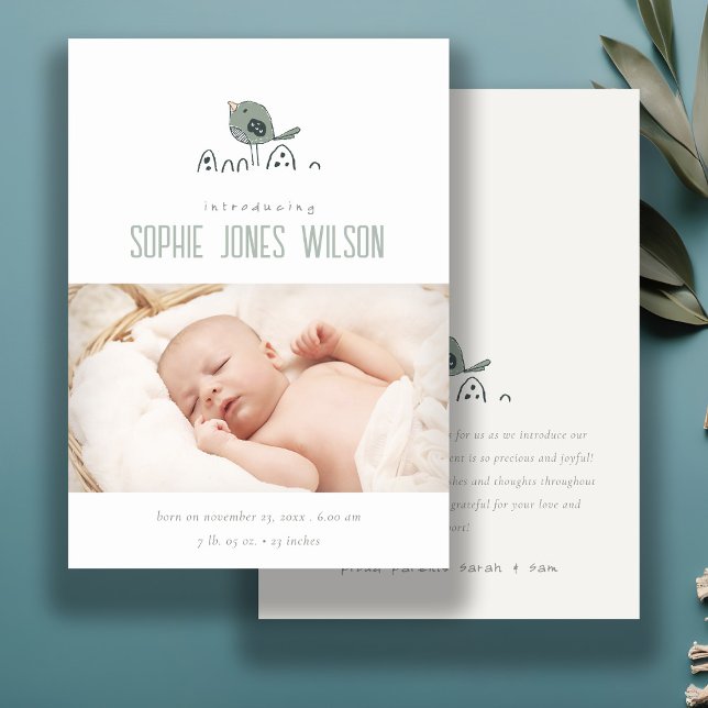 Cute Boho Minimal Bird Photo Birth Announcement (Creator Uploaded)