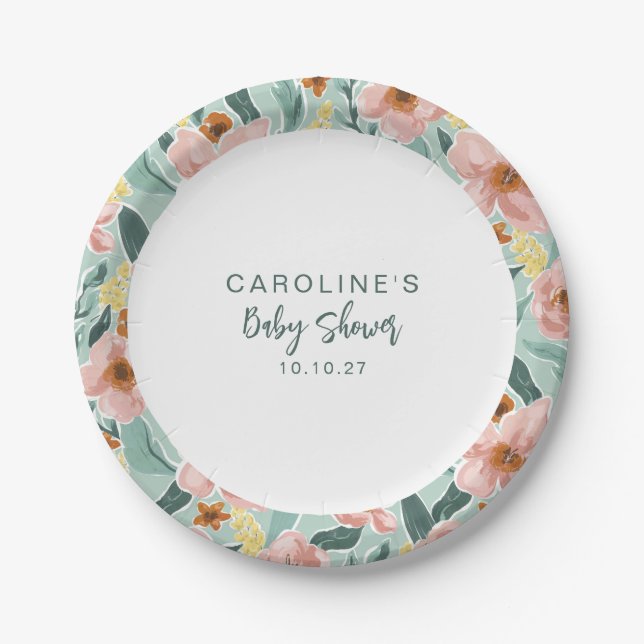 Cute Boho Mint Sage Pink Floral Custom Baby Shower Paper Plate (Front)