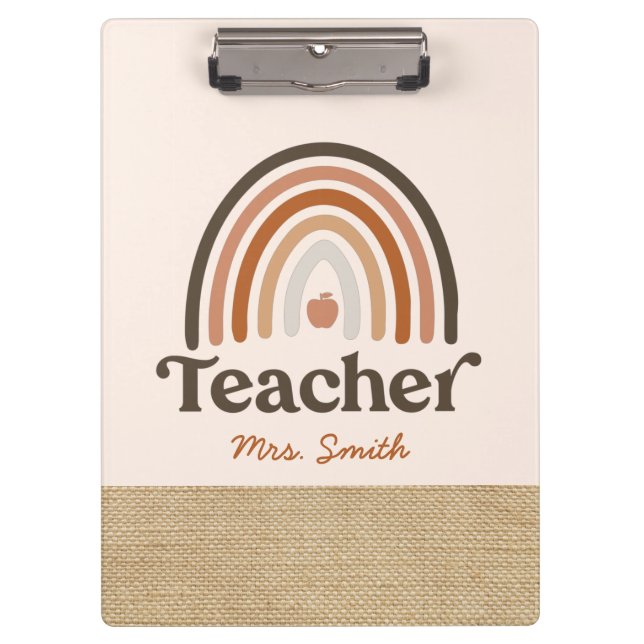 Cute Boho Modern Rainbow Faux Burlap Teacher Clipboard (Front)