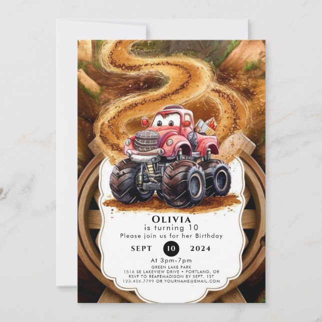  Cute Boho Monster Truck Birthday Invitation (Front)