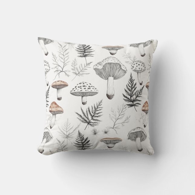 Cute Boho Mushrooms Leaves Botanical Throw Pillow (Front)
