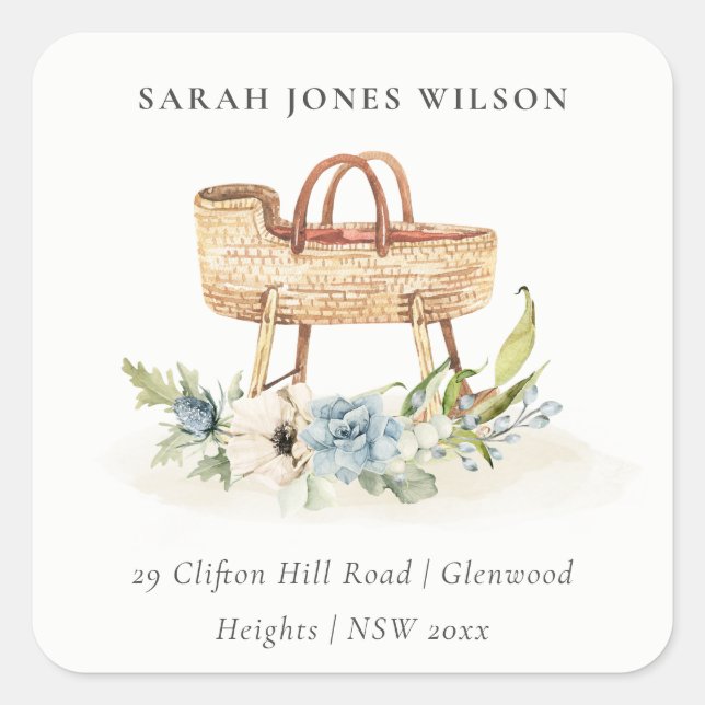 Cute Boho Nursery Blue Floral Bassinet Address Square Sticker (Front)