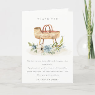 Cute Boho Nursery Blue Floral Bassinet Baby Shower Thank You Card