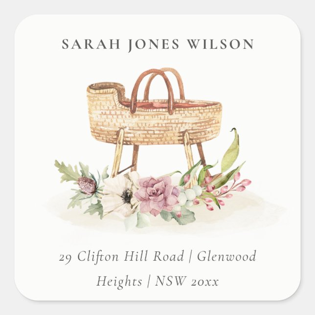 Cute Boho Nursery Pink Floral Bassinet Address Square Sticker (Front)