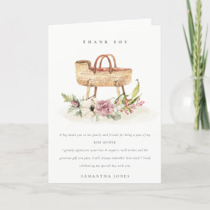 Cute Boho Nursery Pink Floral Bassinet Baby Shower Thank You Card