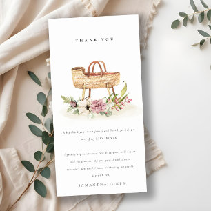 Cute Boho Nursery Pink Floral Bassinet Baby Shower Thank You Card