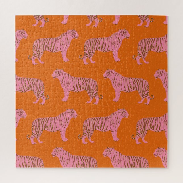 Cute Boho Orange and Pink Tiger Art Pattern Jigsaw Puzzle (Vertical)