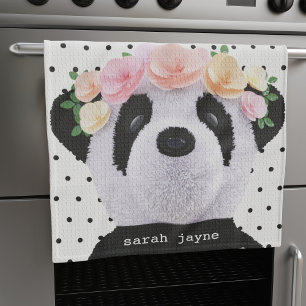 Cute Boho Panda Polka Dot Pattern Personalised Tea Towel