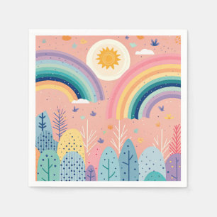 Cute Boho Pastel Rainbow & Sun Above Forest  Napkin