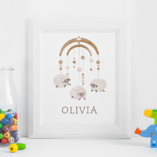 Cute boho pastel sheep mobile. Soft baby nursery Poster