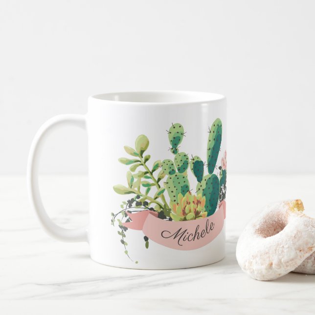 Cute Boho Personalised Cactus Coffee Mug (With Donut)