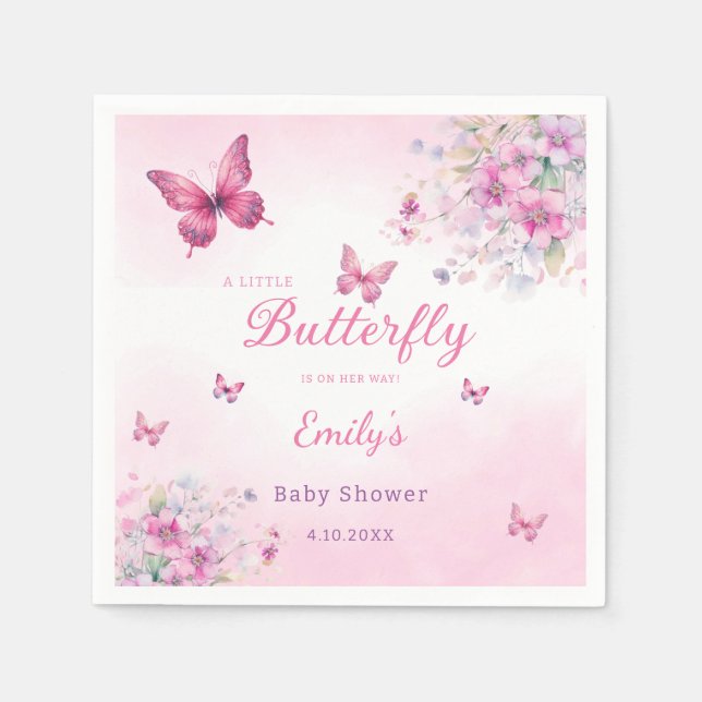 Cute Boho Pink Butterfly Floral Girl baby Shower Napkin (Front)