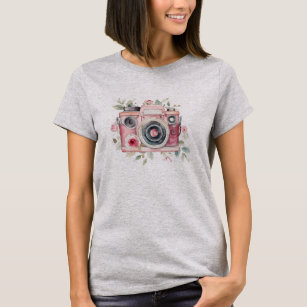 Cute Boho Pink Flowers Camera Art T-Shirt