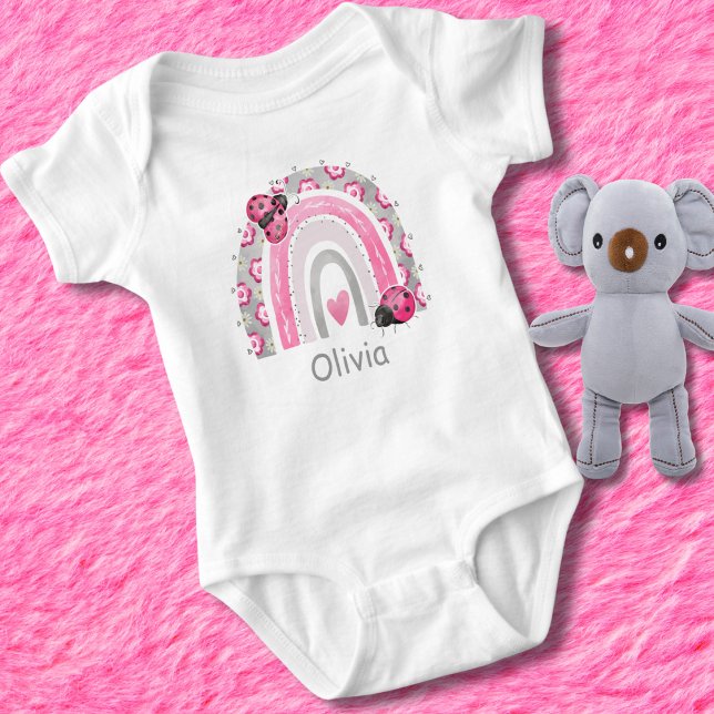Cute Boho Pink Rainbow with Ladybugs Monogram  Baby Bodysuit (Creator Uploaded)