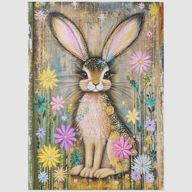 Cute Boho Rabbit and Spring Flowers, Folk Art FX8L Tissue Paper (Front)