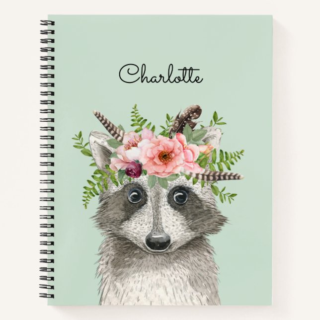 Cute Boho Racoon with Floral and Feathers Crown Notebook (Front)