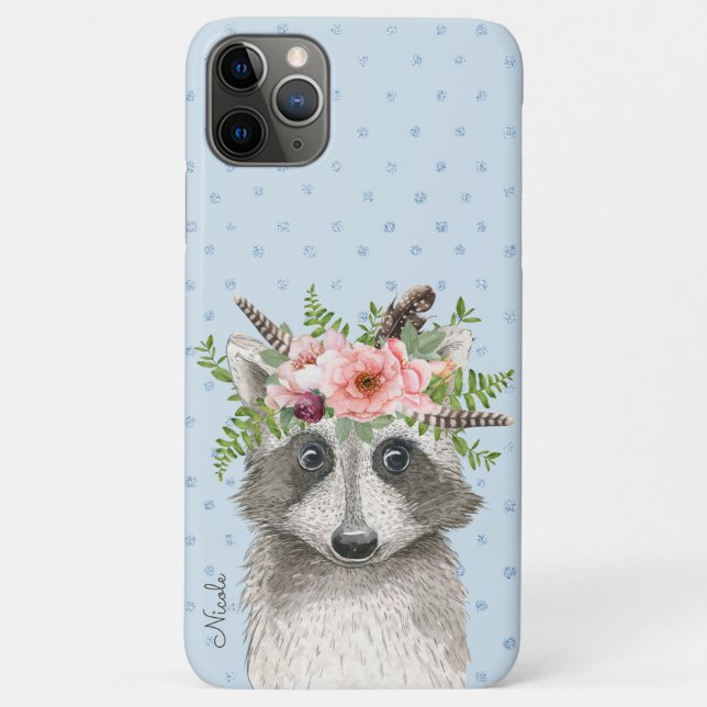 Cute Boho Racoon with Floral Crown and Name Case-Mate iPhone Case (Back)