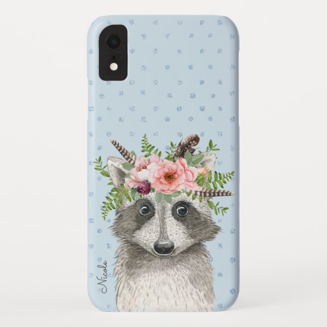 Cute Boho Racoon with Floral Crown and Name Case-Mate iPhone Case (Back)