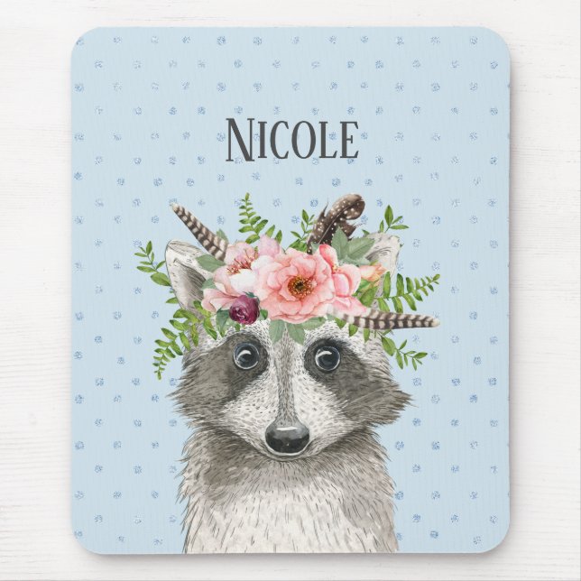 Cute Boho Racoon with Floral Crown and Name Mouse Mat (Front)