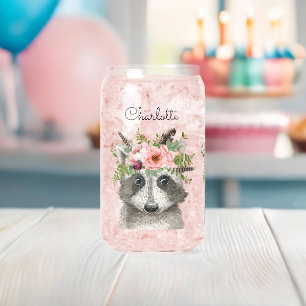 Cute Boho Racoon with Flower and Feathers Crown Can Glass