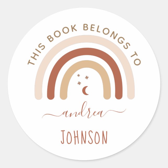 Cute Boho Rainbow Bohemian Moon & Stars Terracotta Classic Round Sticker (Front)