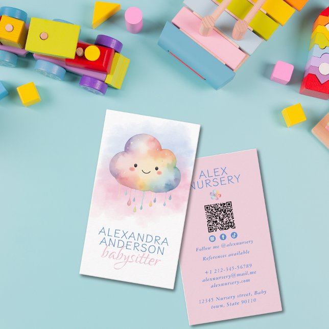 Cute Boho Rainbow Cloud Watercolor Babysitter Business Card (Cute Boho Rainbow Cloud Watercolor Babysitter Business Card)