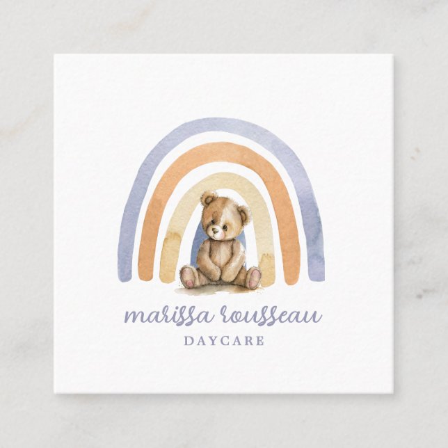 Cute Boho Rainbow Daycare Babysitter Childcare Square Business Card (Front)