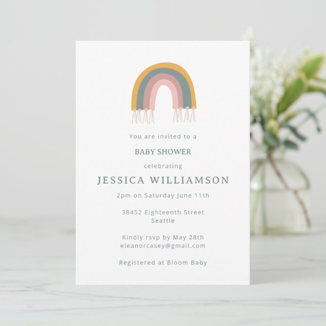 Cute Boho Rainbow Minimalist Baby Shower Invitation (Standing Front)
