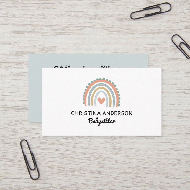 Cute Boho Rainbow Pastel Heart Babysitter Business Card (Front/Back In Situ)