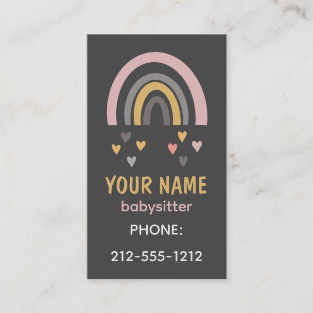 Cute Boho Rainbow Pastel Hearts Babysitter Business Card (Front)