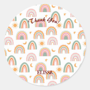 Cute Boho Rainbow Pattern Custom Name Thank You Classic Round Sticker
