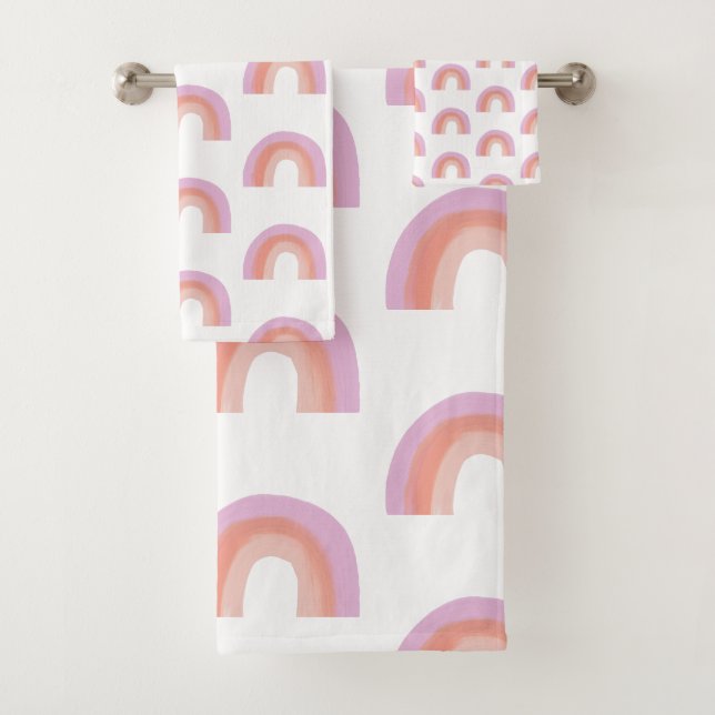 Cute Boho Rainbow Pattern Painting Coral Purple Bath Towel Set (Insitu)
