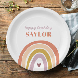 Cute Boho Rainbow Peach Blush Birthday Paper Plate