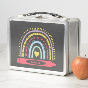 Cute Boho Rainbow Personalised Kids Name Metal Lunch Box