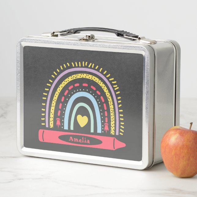 Cute Boho Rainbow Personalised Kids Name Metal Lunch Box (In Situ)
