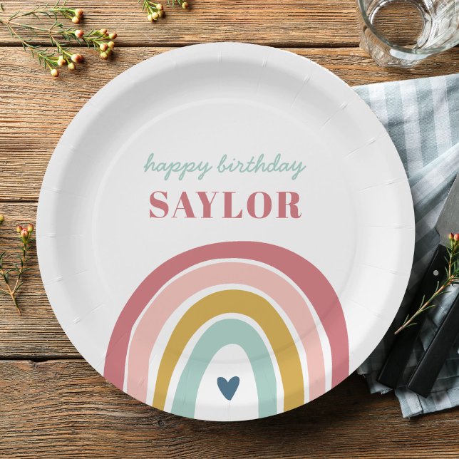 Cute Boho Rainbow Pink Birthday Paper Plate (Creator Uploaded)