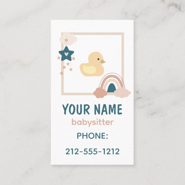 Cute Boho Rainbow Rubber Duckie Babysitter Business Card (Front)