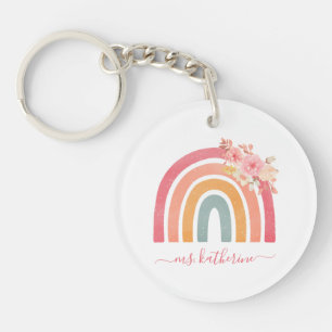 Cute Boho Rainbow with Watercolor Pink Florals Key Ring