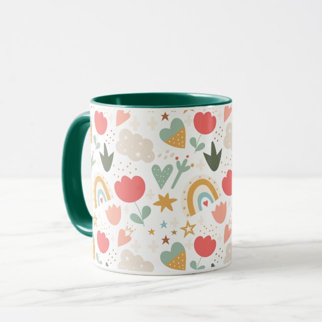 Cute Boho Rainbows, Hearts, and Flowers Mug (Front Left)