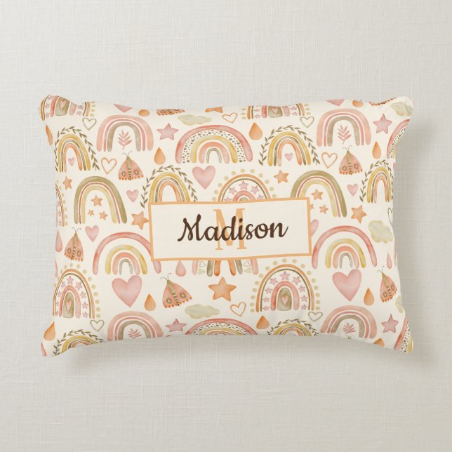 Cute Boho Rainbows Pattern Custom Monogram Name Decorative Cushion (Front)