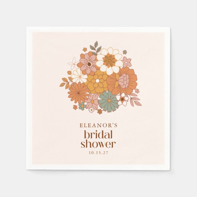 Cute Boho Retro Floral Bridal Shower Custom Name Napkin (Front)