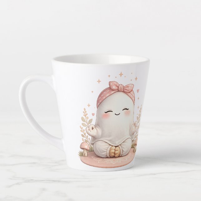 Cute Boho Smiling Ghost with Pink Bow Coffee Mug (Left)