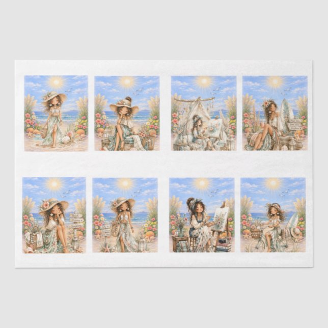 Cute Boho Style Girly Beach Scene Decoupage Tissue Paper (Front)