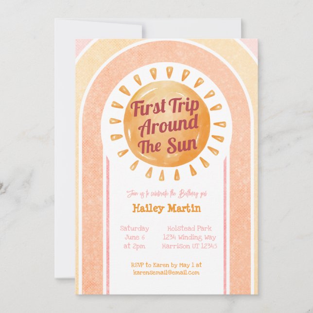 Cute Boho Sun Girls First Birthday Invitation (Front)