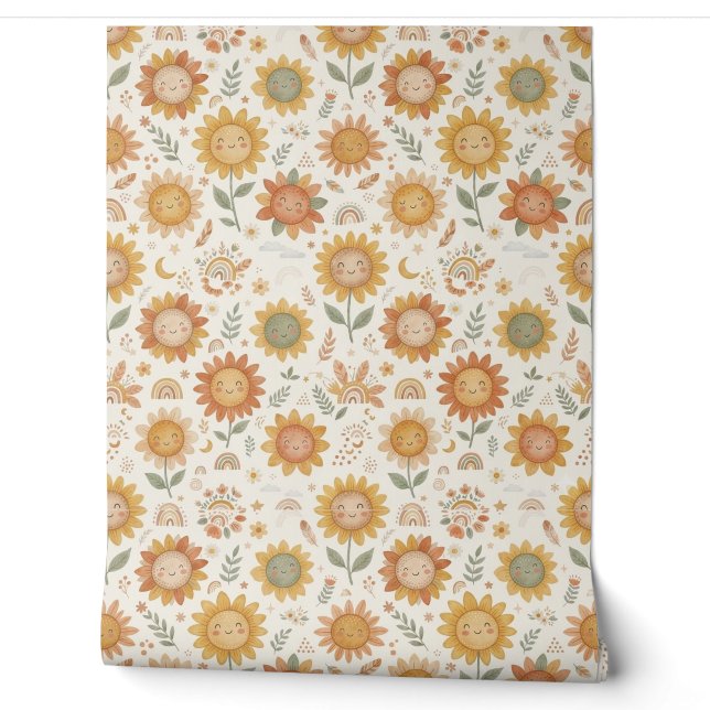 Cute Boho Sunflower Nursery Sun & Rainbow Pattern Wallpaper (Unrolling)